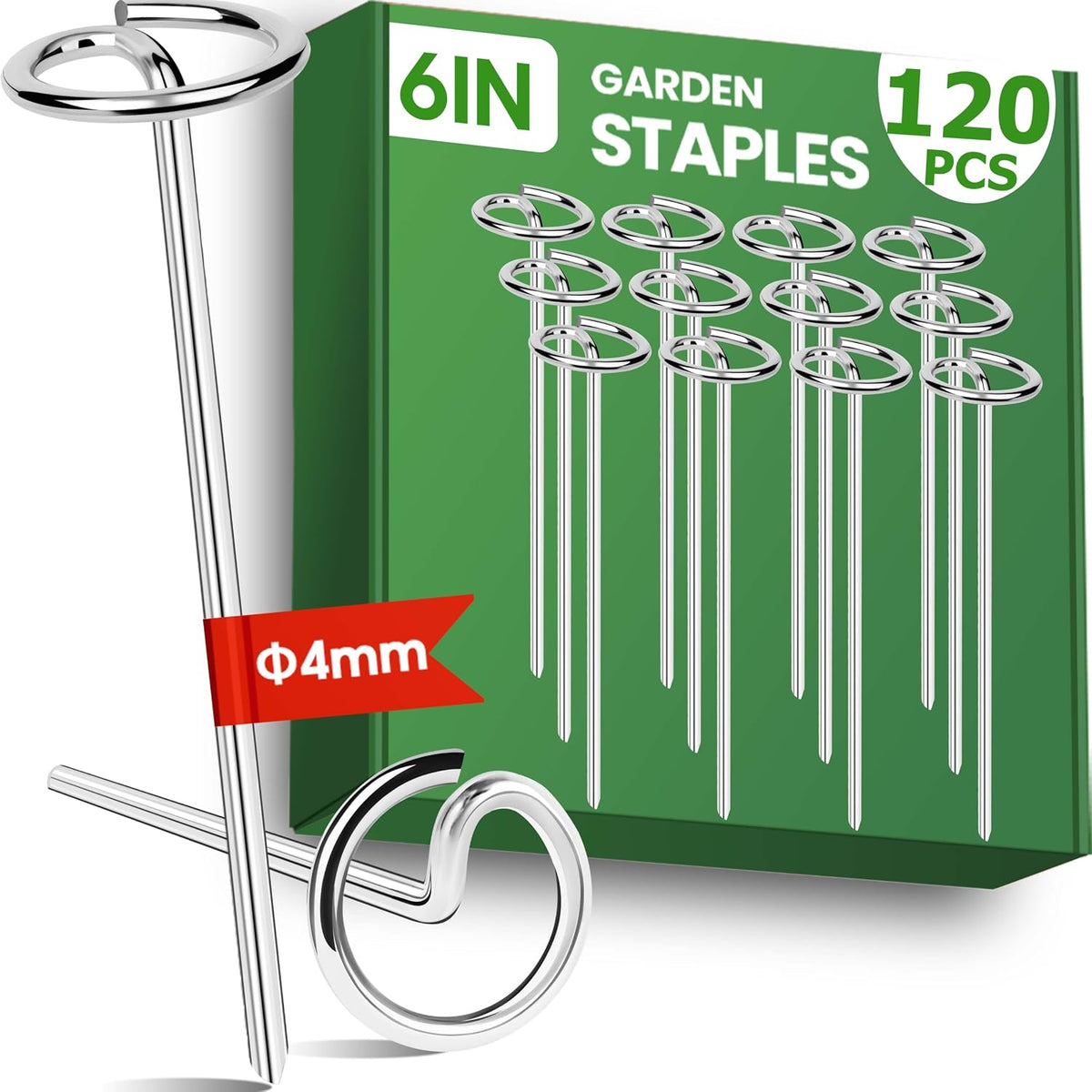 6 Inch Landscape Staples, Weed Barrier Fabric Stakes, Garden Pins (120pcs) 8 Gauge, Metal Galvanized Steel, G Shaped Yard Ground Cover Spikes, for Sod Turf Lawn, for Tent, for Inflatable Decorations