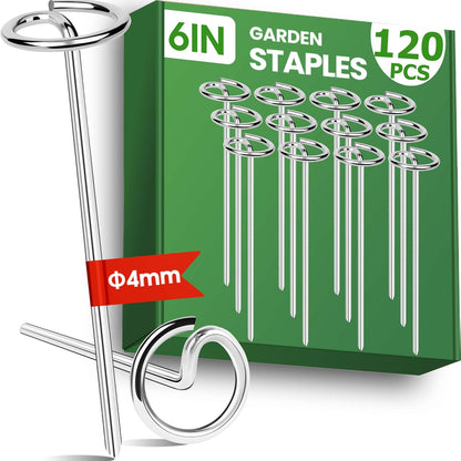 6 Inch Landscape Staples, Weed Barrier Fabric Stakes, Garden Pins (120pcs) 8 Gauge, Metal Galvanized Steel, G Shaped Yard Ground Cover Spikes, for Sod Turf Lawn, for Tent, for Inflatable Decorations