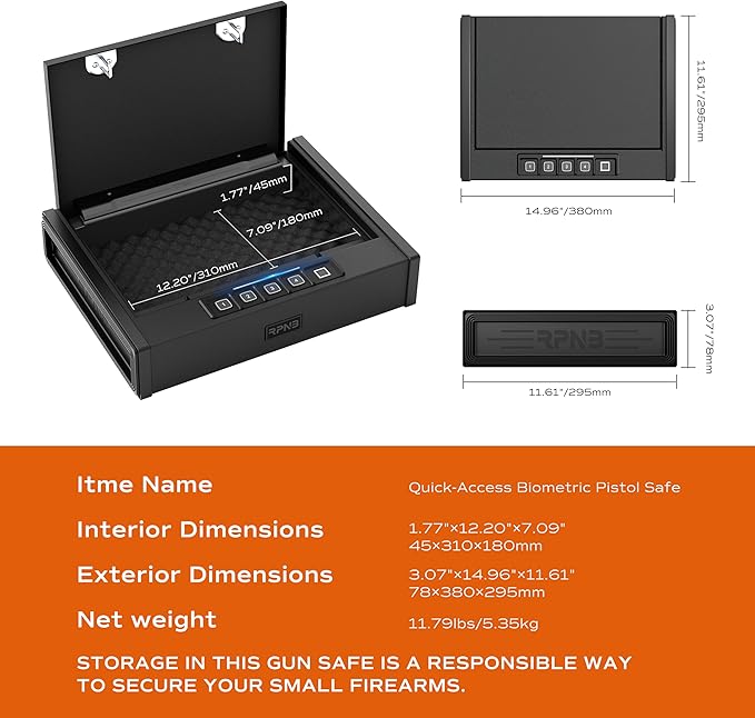RPNB Gun Safe for Handgun, Pistol Safe with Fingerprint, Biometric Gun Safe for Handgun with Digital Keypad, Quick Access Handgun Safe for Home Nightstand Bedside, Gun Lock Box for 2 Pistols and More