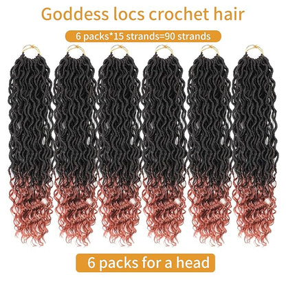 Goddess Locs Crochet Hair 18 Inch 6 Packs Faux Locs Crochet Hair For Black Women Ombre Faux Locs With Curly Ends Prelooped Crochet Hair Extensions(1B350, 18 Inch, 6 Packs)