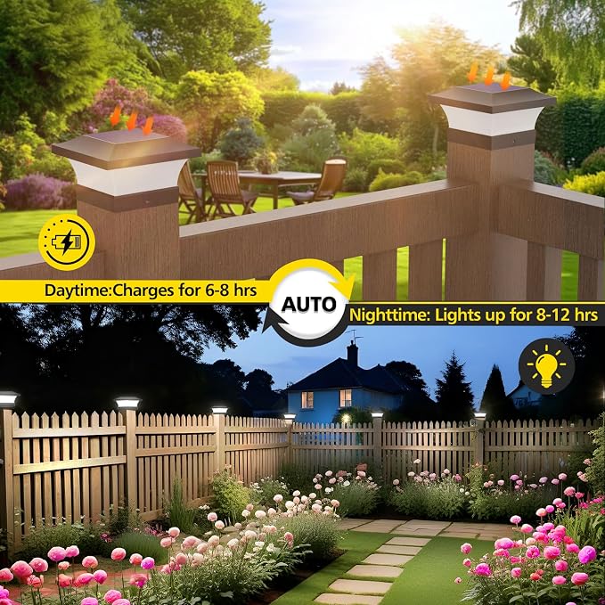 T-SUN Solar Post Lights, Waterproof Outdoor Solar Post Cap Lights for 4 X 4 Wooden Posts, 6000K White LED Lighting, Deck, Patio Garden Decor or Fence (1 Pack) white