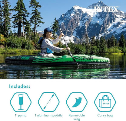 INTEX Challenger Series Inflatable Kayak: Includes 86-inch luxury kayak paddles and high-performance pump - Super strong PVC - Adjustable seat with backrest - Removable Skeg - Net of