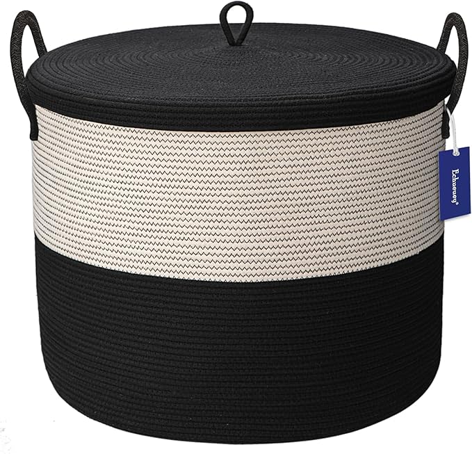 21 x 18 Inch Extra Large Storage Baskets Rope Baskets with Lid Living Room Blanket Basket with Lid Bedroom Baskets Large Round Black Color 115L