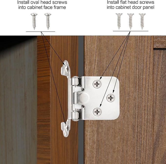 10 Pack (5 Pair) Brushed Satin Nickel Self-Closing Cabinet Hinges for Flush Mount Kitchen Cabinet Door, 1/2" Overlay (Variable) Face Frame Semi-Concealed Hinges