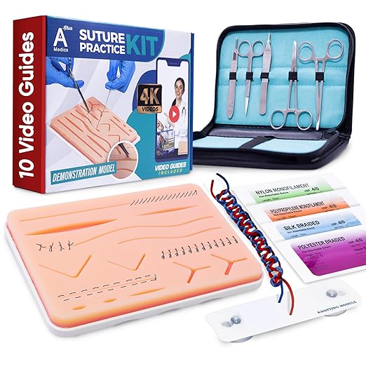 Complete Suture Practice Kit for Medical Students wHow-to Suture HD Video Course, Suture Training Manual  Carryall Case. All-in-One A Plus Medics kit incl. Suture Practice pad. (Education Use Only)