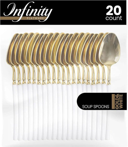PlasticPro 20 Count Gold and White Plastic Soup Spoons Premium Quality Heavy Duty Disposable Elegant Silverware Two Tone Soup Spoons for Party