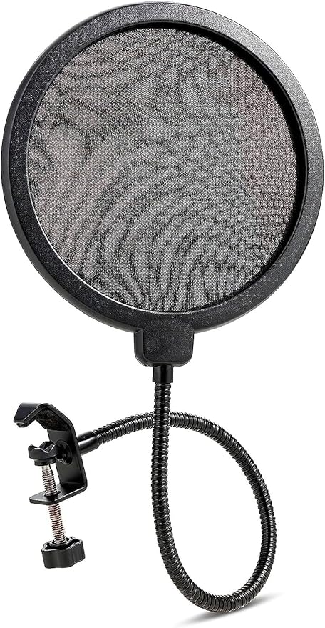 Microphone Pop Filter with Dual Layered Wind Screen Shield, Flexible 360 Gooseneck Stabilizing Arm, and Heavy-Duty Desktop Clip for Podcasting, Gaming, and Mic Recording
