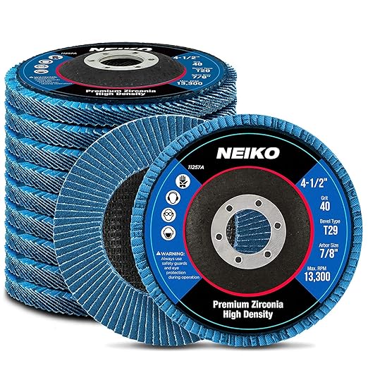 NEIKO 11257A High Density Jumbo Premium Zirconia Flap Disc | 4.5" x 7/8-Inch, 40 Grit, Bevel Type #29-10 Pack
