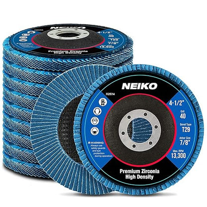 NEIKO 11257A High Density Jumbo Premium Zirconia Flap Disc | 4.5" x 7/8-Inch, 40 Grit, Bevel Type #29-10 Pack