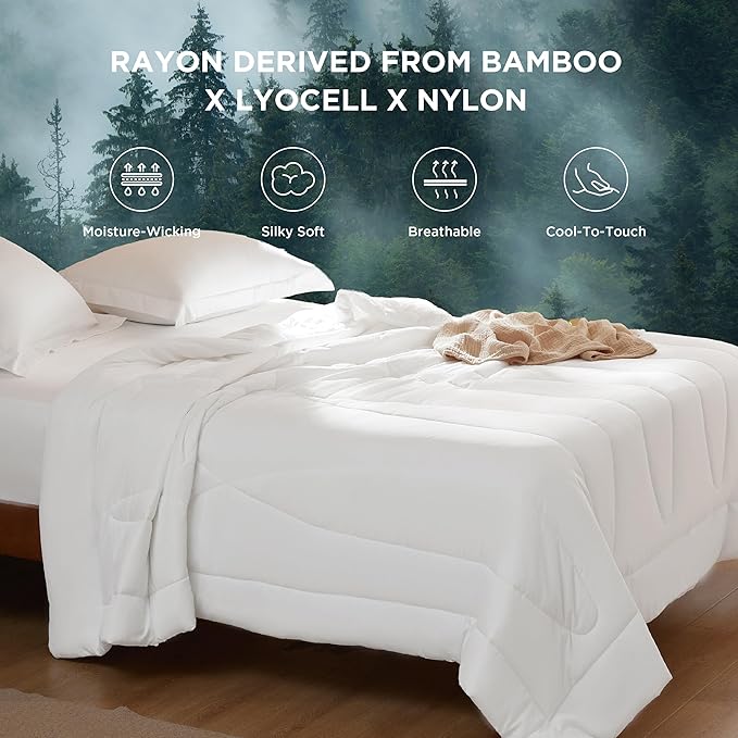 Bedsure Cooling Comforter Queen Size - Rayon Derived from Bamboo Blend  Breathable Lyocell Grey Comforter, Natural Cool Duvet for Hot Sleeper, Ultra-Soft and Moisture-Wicking, White, 88x88 Inches