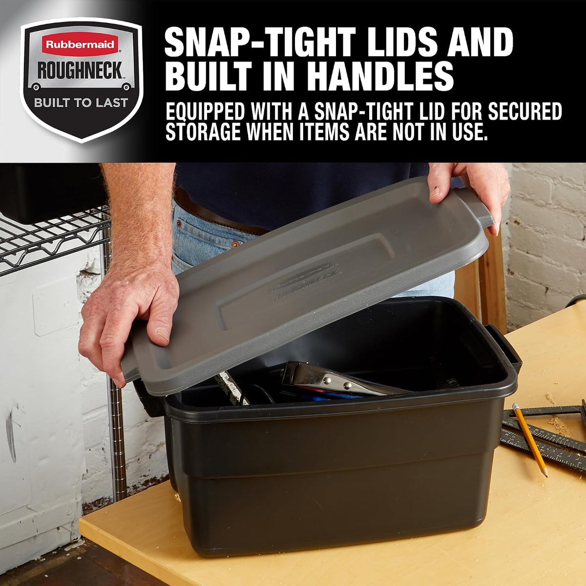 Rubbermaid 3-Pack Heavy Duty Durable 3 GAL Totes for Storage with Snap Lids and Handles, Plastic Storage Bins Stackable Black Gray for Home and Garage (3 GAL - 3 Pack Solid Black and Grey)
