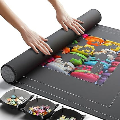 Newverest Jigsaw Puzzle Mat Roll Up, Saver Pad 55 x 35.5 Portable Keeper Up to 3000 Pieces with Non-Slip Rubber Bottom and Polyester Top  3 Puzzle Sorting Trays, Travel-Friendly Storage Bag