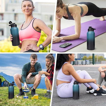32oz Insulated Water Bottle with Handle, 304 Stainless Steel Water Bottles with Wide Mouth, Double Wall Vacuum Sports Water Bottle, BPA Free, Keep Cold and Hot, BlueBlack