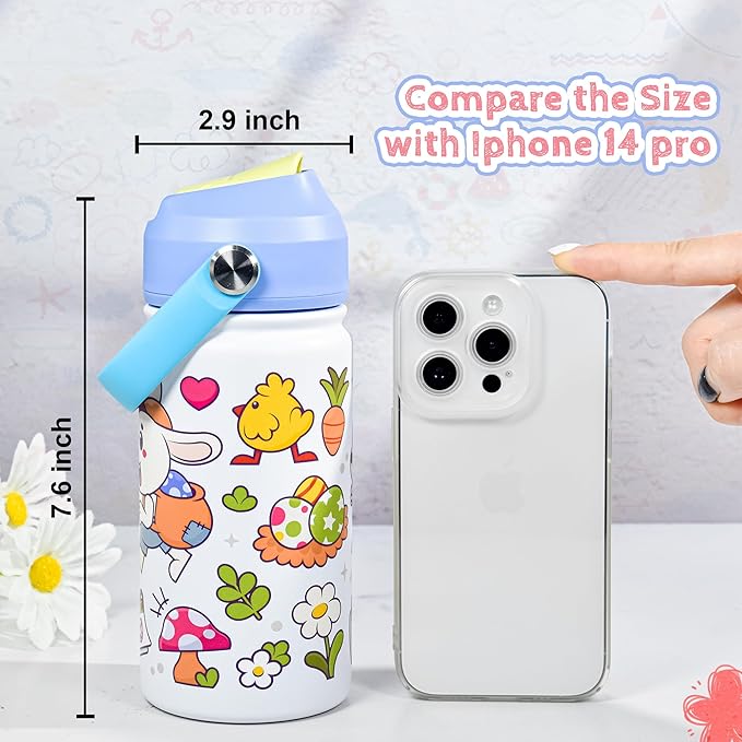 AGH 12oz Stainless Steel Kids Water Bottle with Straw,Double Wall Vacuum Tumbler for Traveling or School - White