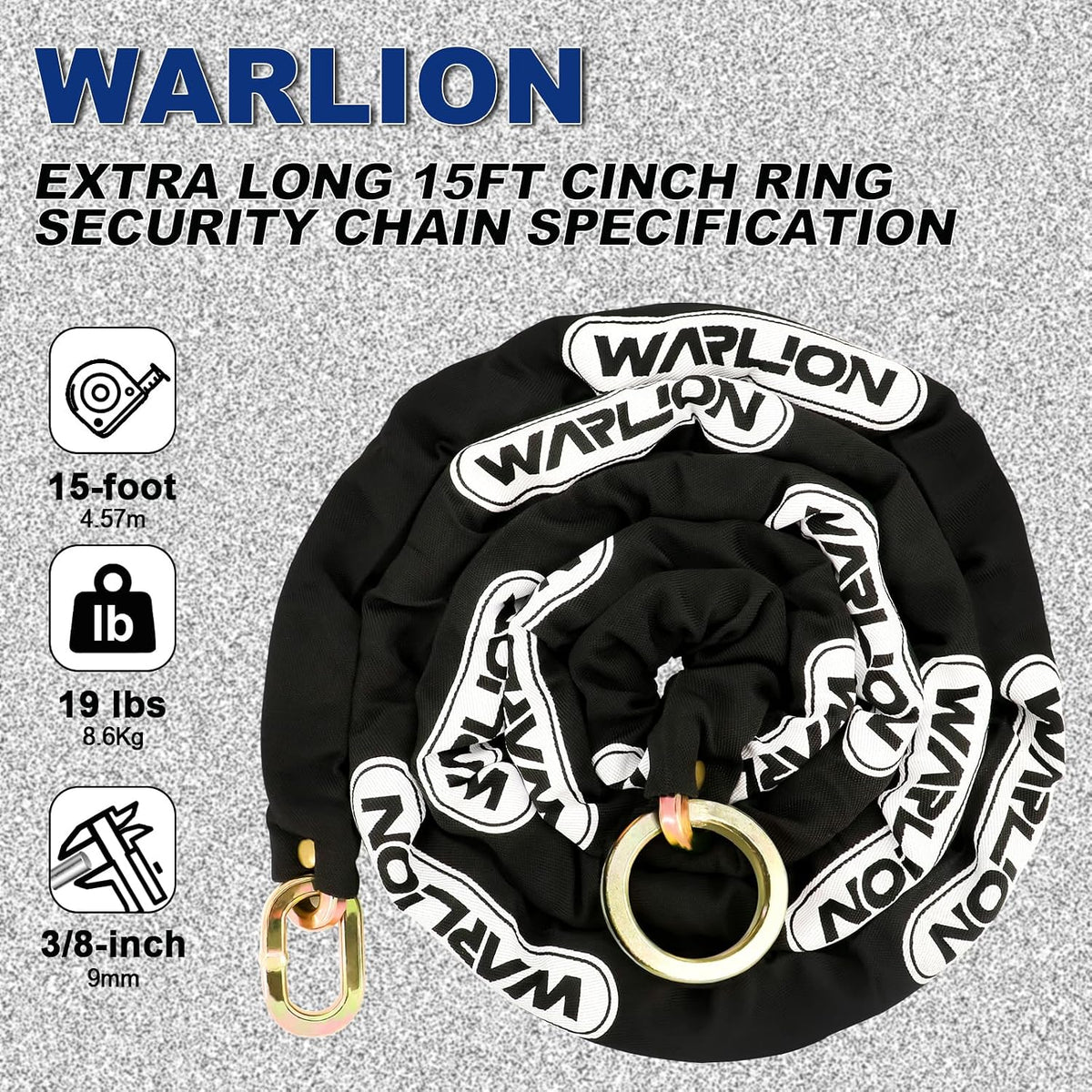 Heavy Duty Security Chain, 15ft x 3/8in (9mm) Thick, Anti-Theft & Cut-Proof Motorcycle Chain with Cinch Ring - Secure Generators, ATVs, Ebikes & 2-Wheeled Vehicles