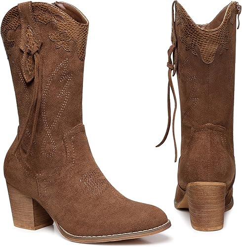 SHIBEVER Cowboy Cowgirl Boots for Women: Western Country High Heel Boots Suede Zipper Mid Calf Booties