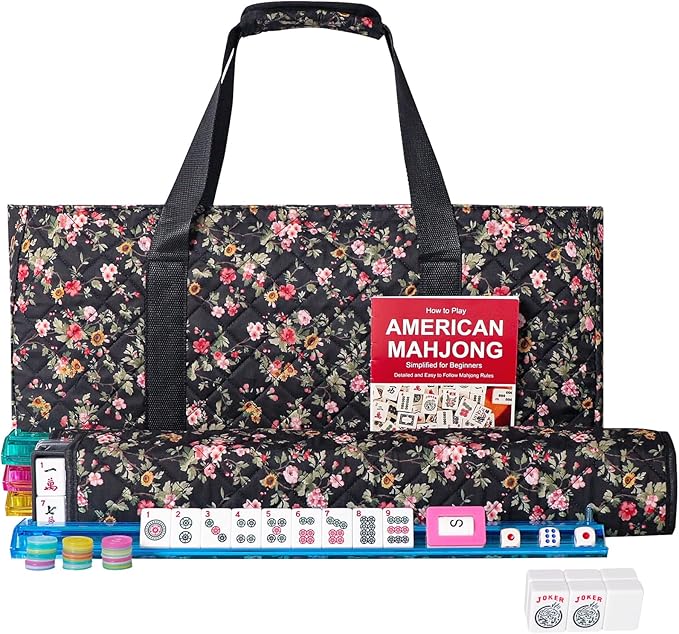 American Mahjong Game Set, 166 Premium White Tiles, 4 All-in-One Color RackPushers, Complete Mahongg Tile Set,Flower Printed Carrying Bag (Rectangular, Black)