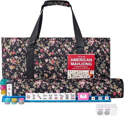 American Mahjong Game Set, 166 Premium White Tiles, 4 All-in-One Color RackPushers, Complete Mahongg Tile Set,Flower Printed Carrying Bag (Rectangular, Black)