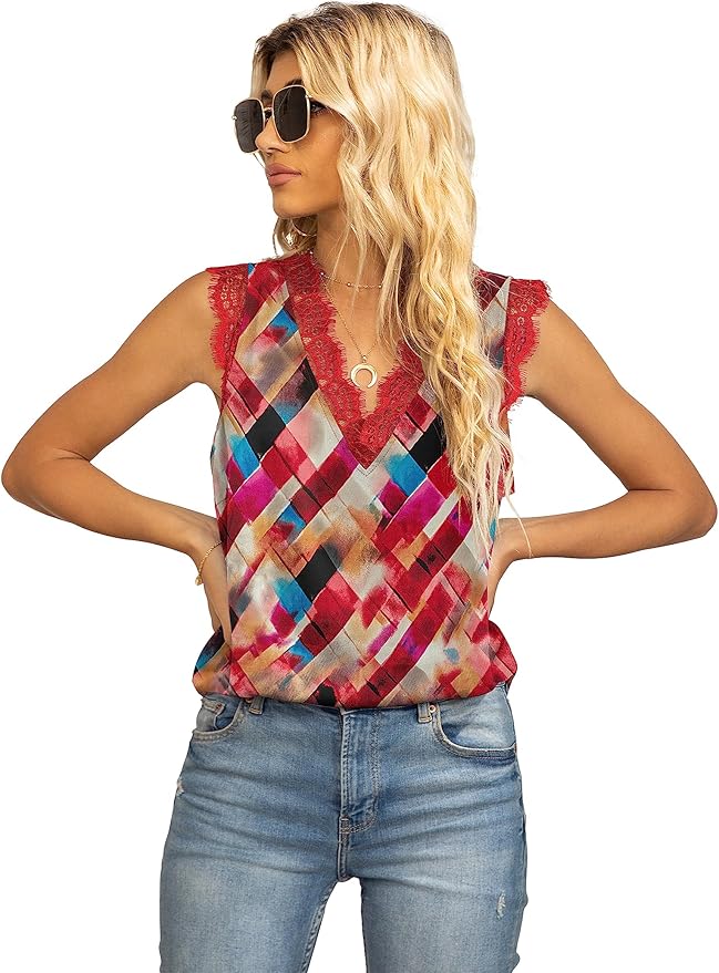 VIISHOW Women Ladies Sexy V Neck Lace Trim Tank Tops Dressy Camisole Casual Loose Sleeveless Chiffon Blouse Shirts
