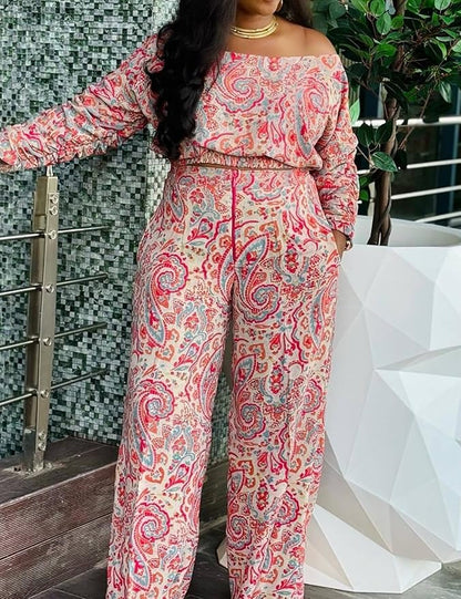 Yuopeid Women's Floral 2 Piece Outfit Loose Off Shoulder Long Sleeve Ruched Top and Elastic Wide Leg Pant with Pockets