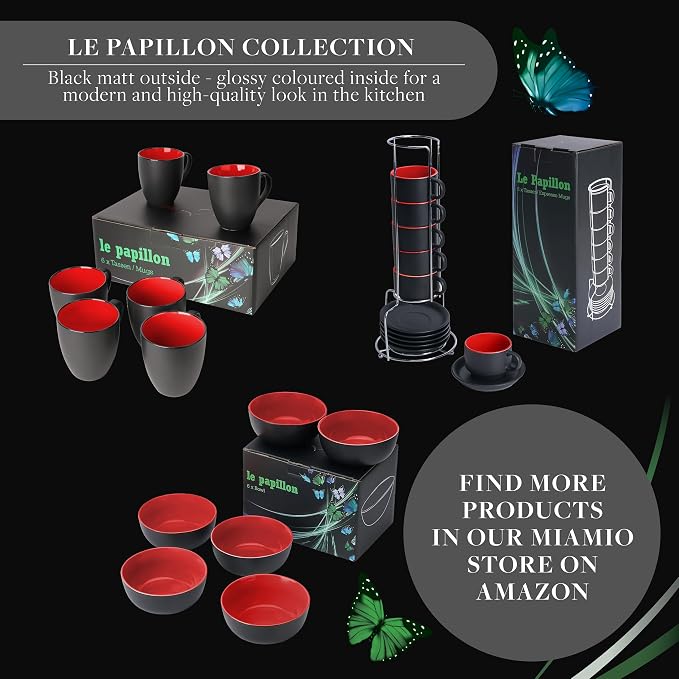 MIAMIO - Coffee Mugs Set of 6 (12 oz) - Le Papillon (Red) - Daily Table Set Ceramic coffee mugs for coffee, cappuccino and tea, 12 oz for everyday use - dishwasher safe - practical for daily use