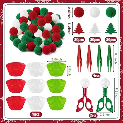 EZdhuawuse Christmas Fine Motor Toys - 270Pcs Winter Counting Sorting Sensory Bin Filler Set for Kids Xmas Counting Toy with Felt Christmas Tree Pom Poms Cup Clip for Preschool Education Activities