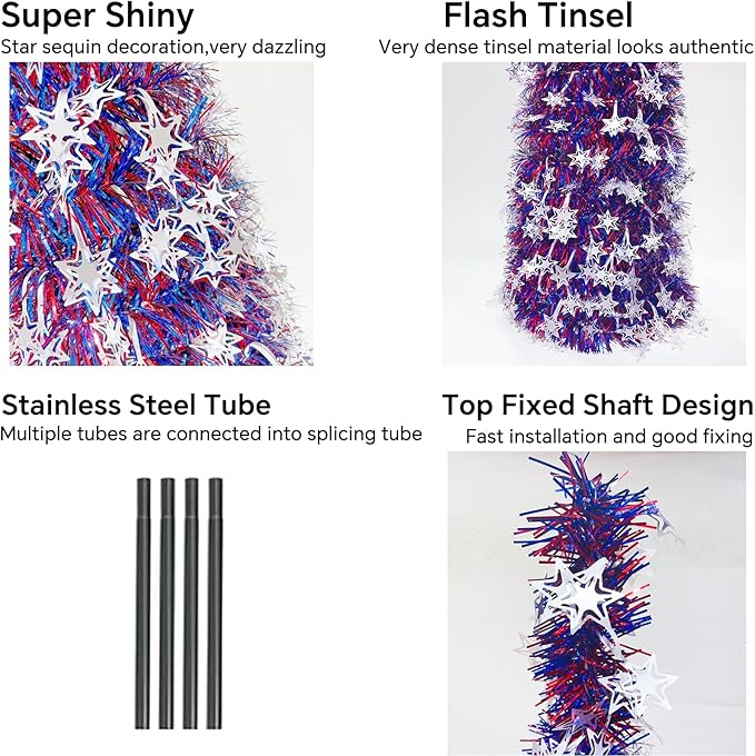 4th of July Decor Tree, Patriotic Pop up Pencil Christmas Tree,5 Ft Christmas Tinsel Tree,Sequin Star Ornaments Garland Collapsible Tree for Independence Day Memorial Home Decor