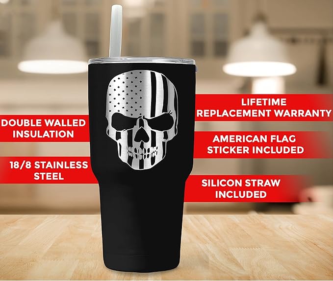 American Flag Skull 30oz Patriotic Tumbler - American Flag Tumbler Travel Mug - Patriotic Coffee Travel Mug - Double Insulated 30oz Tumbler - Engraved in the USA - (Skull Flag)