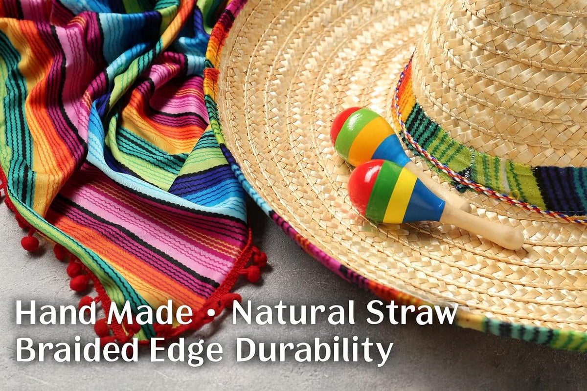 Straw Sombrero Hat 19" Wide, Adult Unisex Mexican-Style Fiesta Hat with Serape Band & Adjustable Chin Strap for Cinco de Mayo, Halloween & Party Costumes