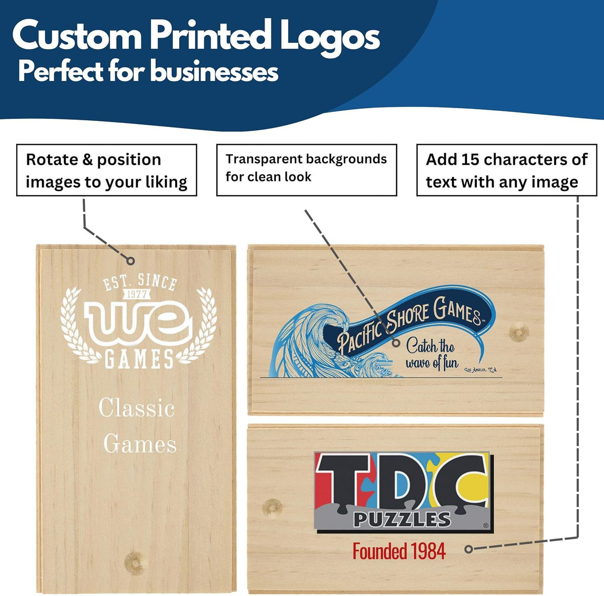 WE Games Custom Color Logo or Image Double 6 Black Dominoes Set in Wooden Case (Random Image)
