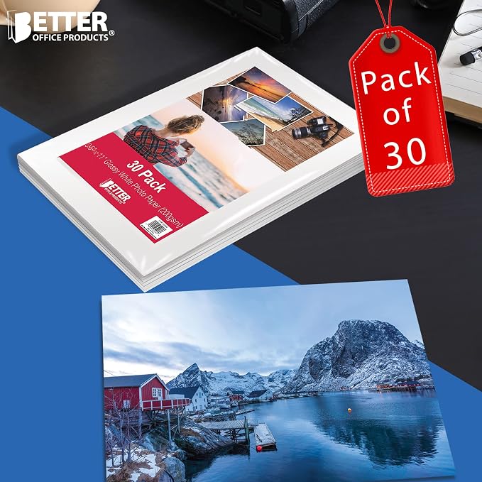 Better Office Products Glossy Photo Paper, 8.5 x 11 Inch, 30 Sheets, 200 gsm, Letter Size, 23-Count Pack