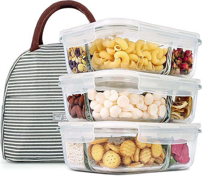 DAS TRUST 3 Pack Bento Box Glass Meal Prep Containers 3 Compartment Glass Food Storage Containers with Lids Lunch Box Meal Prep Bowls Glass Food Prep Containers Lunch Container Oven Safe