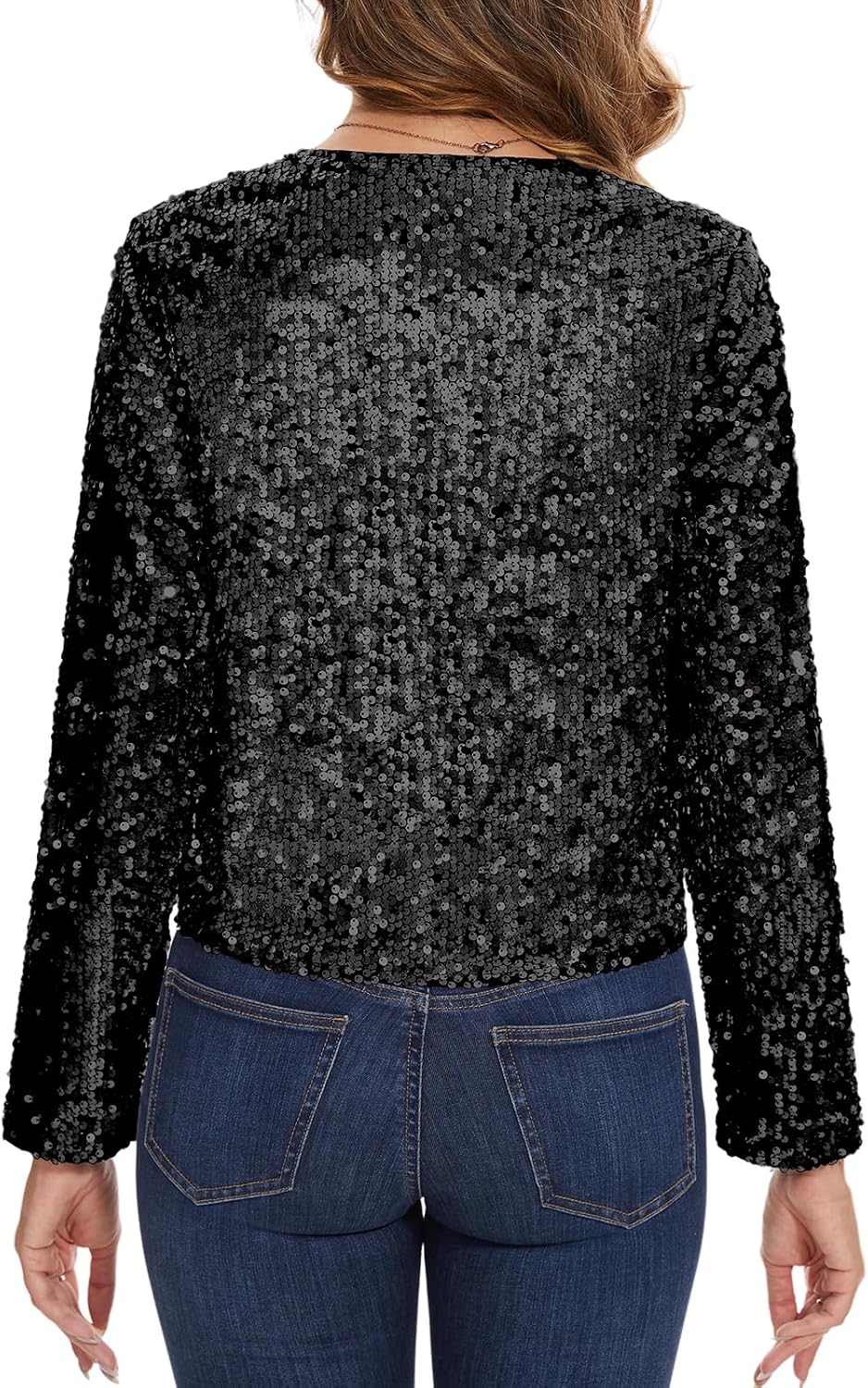 MINTLIMIT Sequin Shrug for Women Shiny Sparkle Long Sleeve Open Front Cropped Cardigans Party Glitter Bolero Jacket,XL,Black