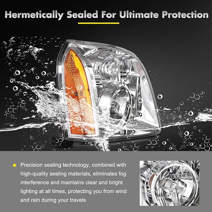 Headlights Assembly Pair Fit For 2007-2014 For GMC Yukon 2007-2014 For GMC Yukon XL 1500 2007-2013 For GMC Yukon XL 2500 Chrome Housing Amber Reflector Clear Lens Replace 15861025 15861026