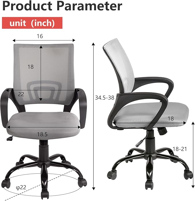 PayLessHere Ergonomic Office Computer Chair, Adjustable, Comfortable, Mid-Back, Swivel, with Lumbar Support for Home Office (Pack of 1, Grey)