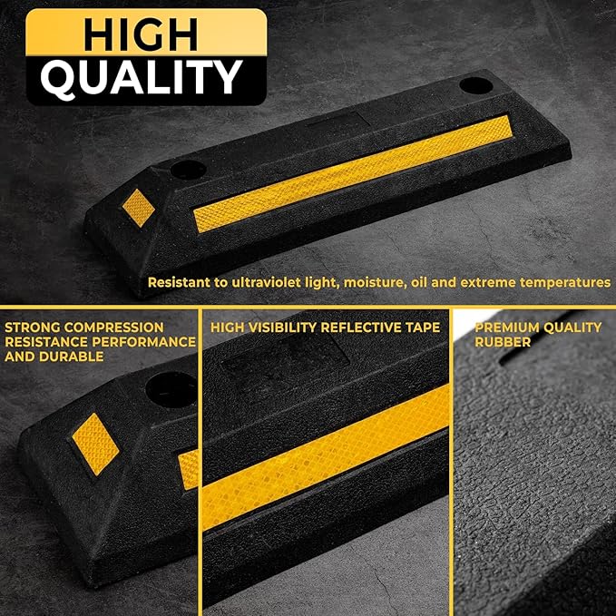 ZONETECH Heavy Duty Rubber Parking Guide - 2 Pcs Premium Quality Durable Car Garage Wheel Stopper Professional Grade Park with Reflective Yellow Tape Curb