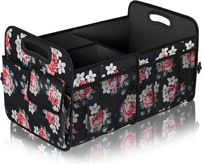 Femuar Car Trunk Organizer,Car Storage Organizer with 72L Large Capacity Waterproof Collapsible and 11 Pockets,Trunk Organizer for Car SuvJeepSedan, Large Size, Flower