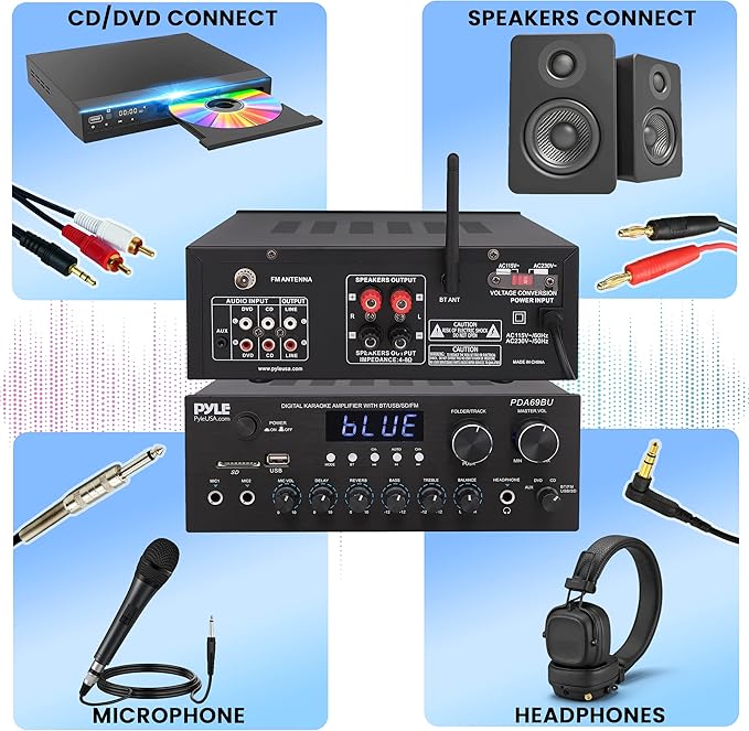 Pyle Stereo Amplifier Audio Receiver with Remote Control - Bluetooth Streaming, MP3/USB/SD/FM Radio, 2.0 Channel HiFi Sound System with RCA/Aux Inputs, Microphone & Headphone Jacks, Adjustable Bass