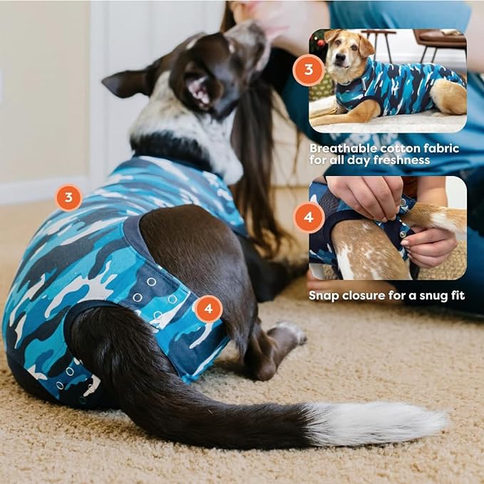 Suit for Dogs - Post-Surgery Suit with Hold-Up System - Breathable Cone-Free Option for Spay, Neuter, Skin Issues - XS Camouflage - Neck to Tail 15.7-17. Inches, 18-24 Inches Chest