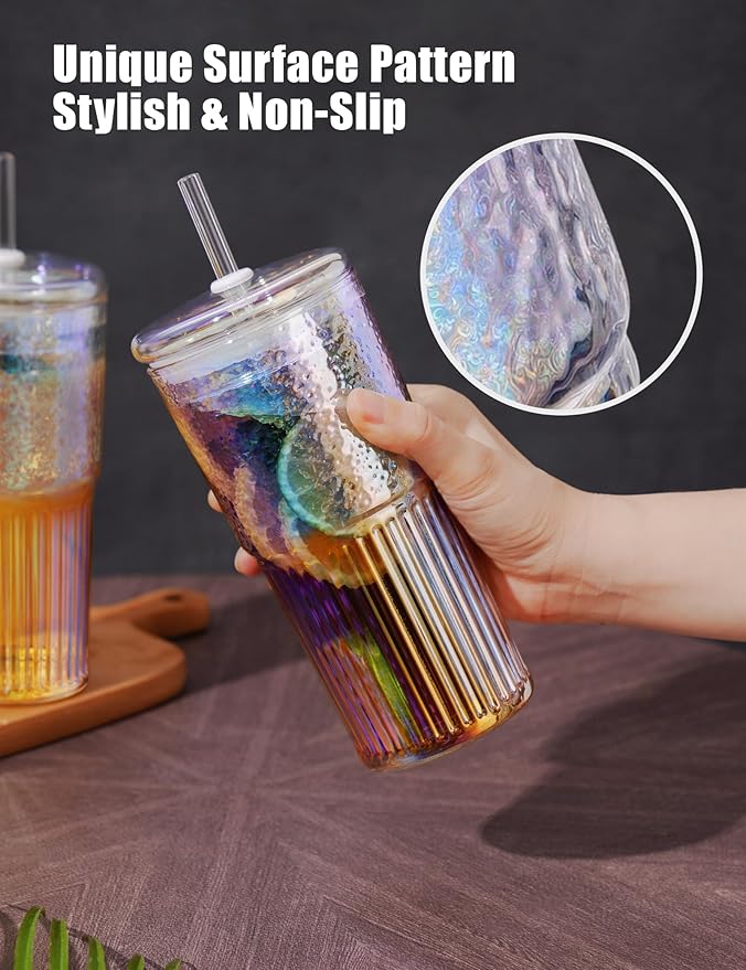 NiHome Iridescent Borosilicate Glass Tumbler Cup with Glass Lid & Straw 22oz/650ml 2-Pack, Leak-Proof Silicone Seal for Flavor Preservation, Hygienic & Dishwasher Safe, 2PCS Straw Brushes Included