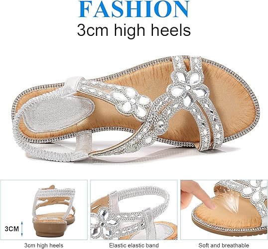 Women's Beaded Rhinestones Sandals T-Strap Bohemian Sandals Breathable Dressy Summer Shoes Outdoor