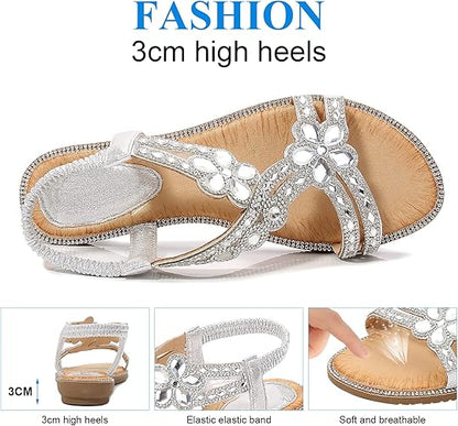 Women's Beaded Rhinestones Sandals T-Strap Bohemian Sandals Breathable Dressy Summer Shoes Outdoor