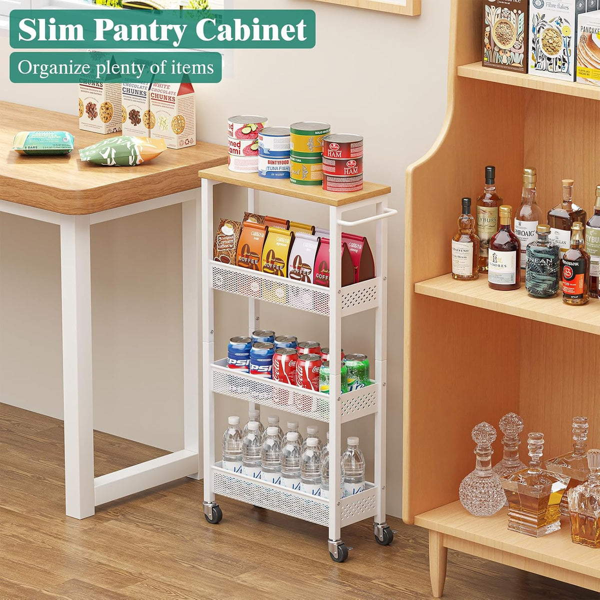 Slim Rolling Storage Cart 4 Tier Bathroom Organizer Mobile Shelving Unit Utility Cart with Wood Top and Handle for Kitchen Laundry Narrow Places, White