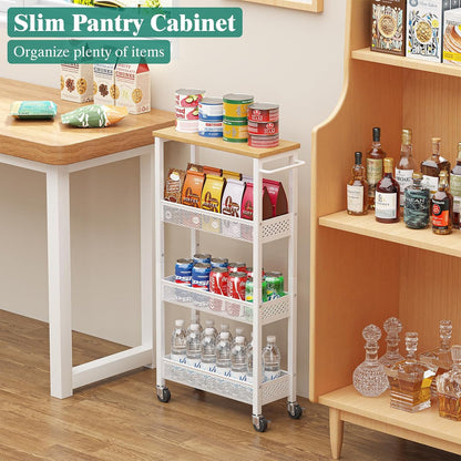 Slim Rolling Storage Cart 4 Tier Bathroom Organizer Mobile Shelving Unit Utility Cart with Wood Top and Handle for Kitchen Laundry Narrow Places, White