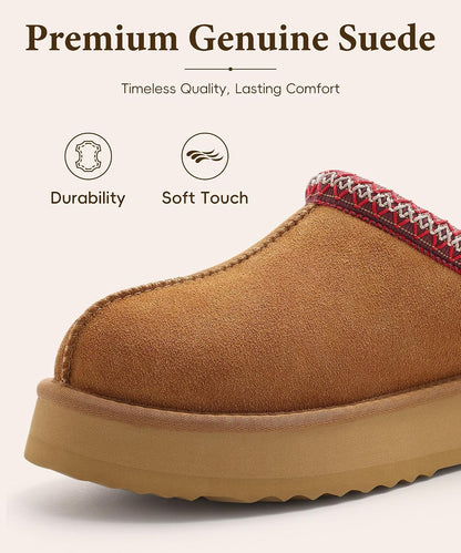 Genuine Suede Platform Slippers for Women Fuzzy Winter Warm Shoes Indoor Outdoor