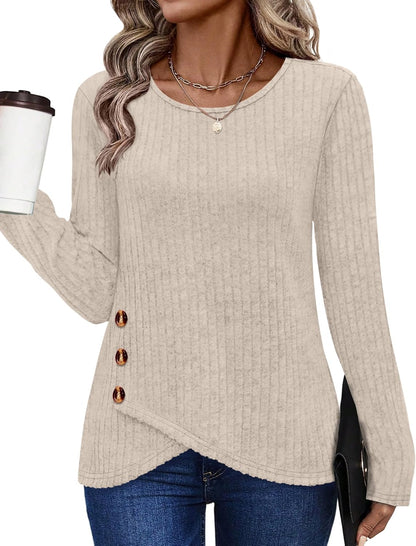 Tunic Sweaters for Women Long Sleeve Shirts Crew Neck Tops with Buttons Fall Fashion Outfits Winter Clothing