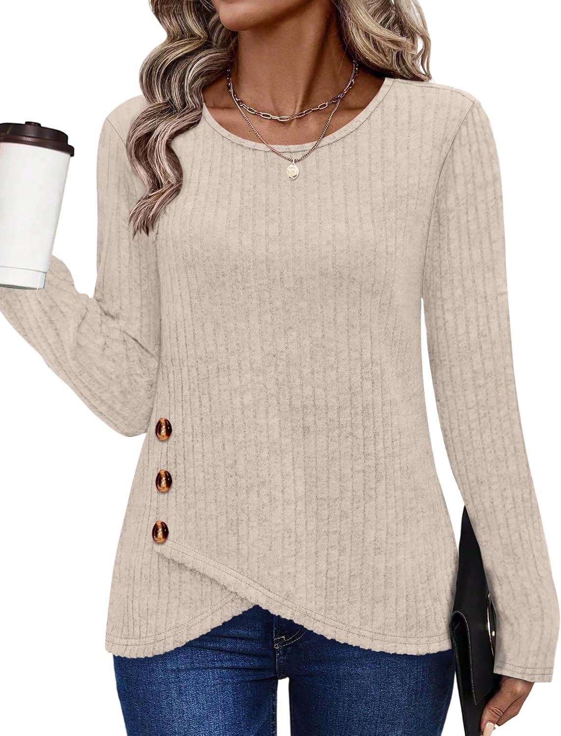 XIEERDUO Tunic Sweaters for Women Long Sleeve Shirts Crew Neck Tops with Buttons Fall Fashion Outfits Winter Clothing
