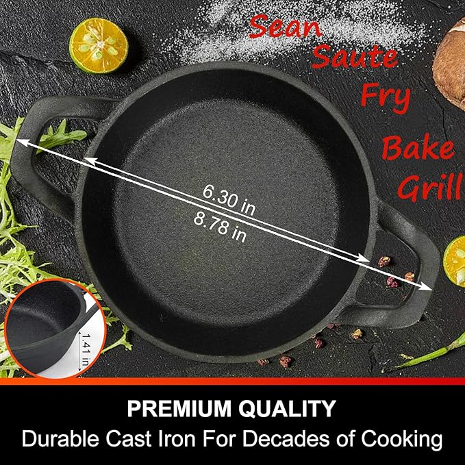 DVK Small Cast Iron Skillet Round Frying Shrimp Pan Set Suitable for kitchen, Indoor and Outdoor Picnics (2, 6In)