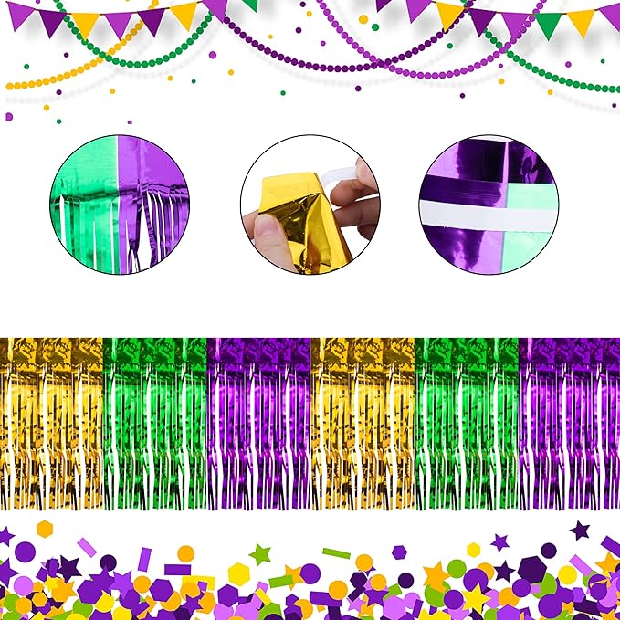 2 Pack Mardi Gras Foil Fringe Garland,19.68Ft Metallic Fringe Tinsel Streamers Banner,Gold Green Purple Foil Fringe Drape for Street Background Decorations DIY Party Supplies