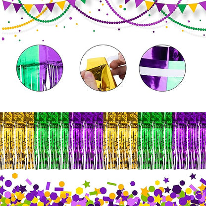 2 Pack Mardi Gras Foil Fringe Garland,19.68Ft Metallic Fringe Tinsel Streamers Banner,Gold Green Purple Foil Fringe Drape for Street Background Decorations DIY Party Supplies